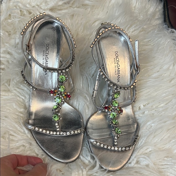 Dolce & Gabbana Shoes - Dolce & Gabbana Silver Jeweled T-Strap Sandals with Green and Red Crystals 8.5